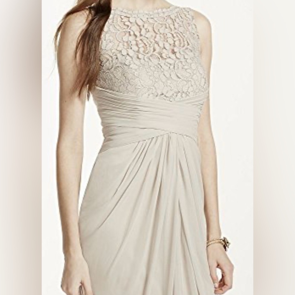 David's Bridal Lace Top Maxi Dress in Beige